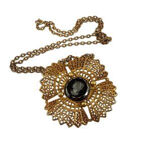 Vintage Gold Filigree Cameo Pendant Necklace Black Glass Intaglio Victorian Revi